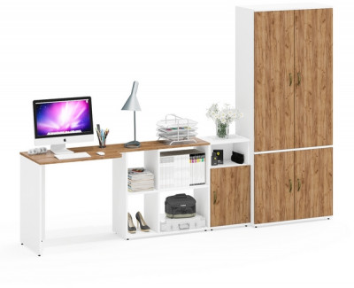 Лидер-8 Стол + Тумба МД 3.19 + Шкаф МД 20Б, цвет белый шагрень/крафт золото, ШхГхВ 285х50/37,5х75/190 или 115х200/50х75/190 см., НЕ ун. сборка