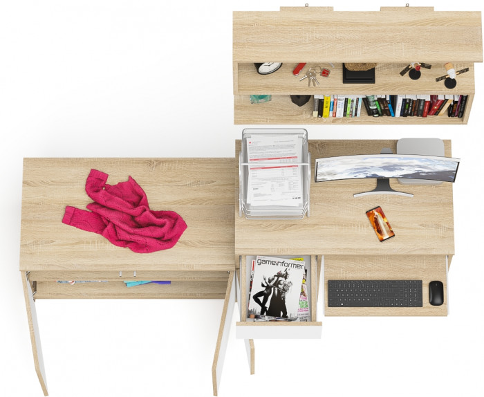 Мори Стол компьютерный МС-1 левый + Тумба МА900.1 + Полка 900, цвет дуб сонома/белый, ШхГхВ 180,4х50,4х209,6 см., НЕ универсальная сборка