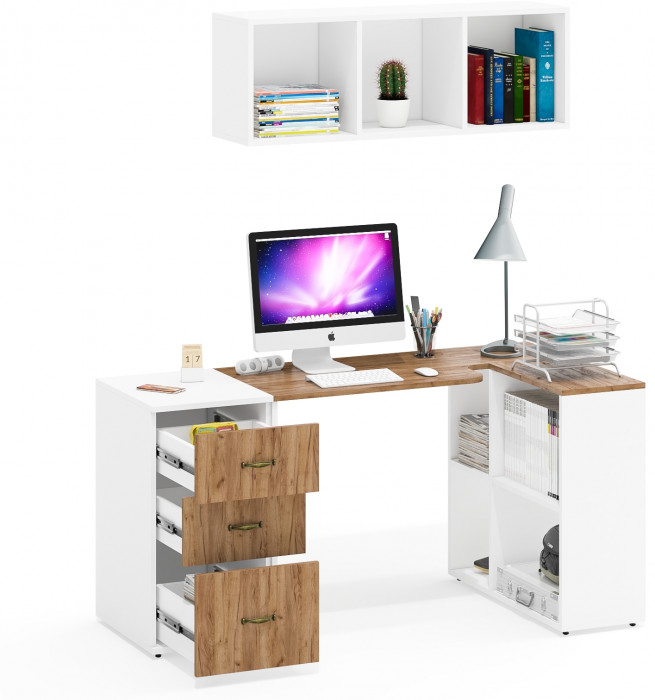 Лидер-8 Стол + Полка + Тумба МД 3.16, цвет белый шагрень/крафт золото, ШхГхВ 205х50/30х75/190 или 155х80/50х75/190 см., НЕ универсальная сборка