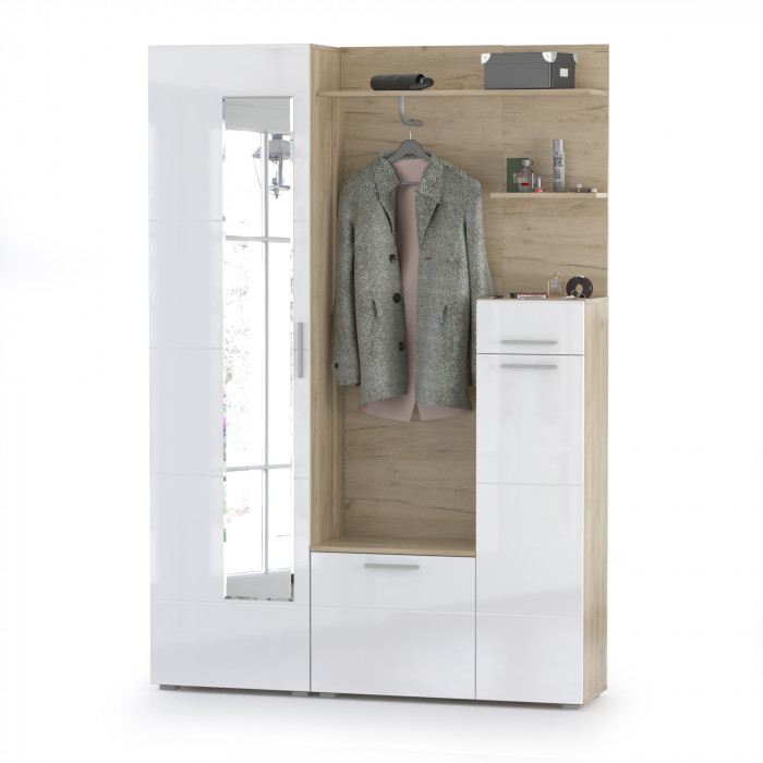 Лайн Прихожая № 01, цвет дуб крафт серый/фасады МДФ белый глянец, ШхГхВ 144,8х35,1х210 см., НЕ универсальная сборка