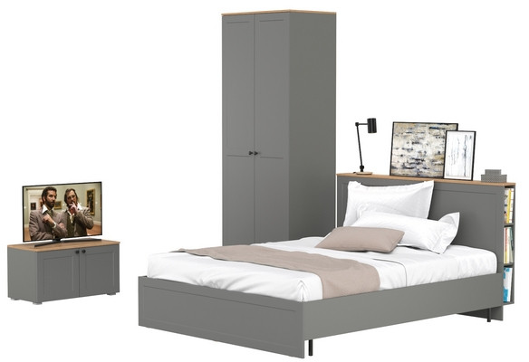 Остин 11.53 Кровать + ортопед + 13.336.02 Шкаф для одежды + 13.257 Тумба, серый графит/дуб крафт золотой