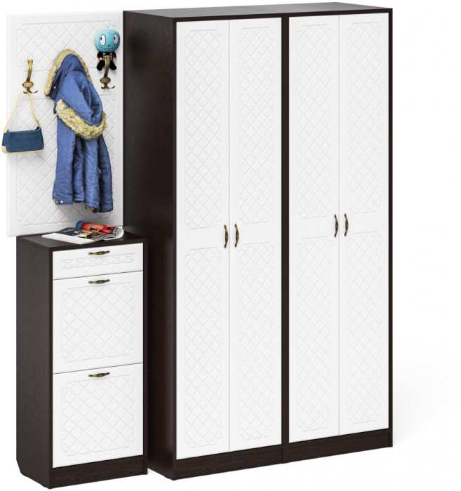 Прихожая П-6 Компоновка № 15, цвет венге/фасады МДФ белое дерево фрезеровка ромб, ШхГхВ 180х50х210 см., универсальная сборка