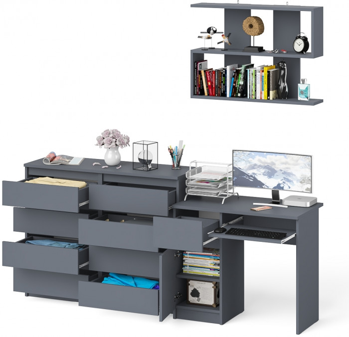Мори Стол компьютерный МС-1 левый + Комод МК1200.8 + Полка 900, цвет графит, ШхГхВ 210,4х50х209,6 см., НЕ универсальная сборка