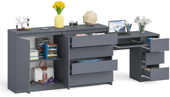 Мори Стол компьютерный МС-6 правый + Комод МК1600.1, цвет графит, ШхГхВ 250,4х50х94 см., выдвижные ящики справа, НЕ универсальная сборка