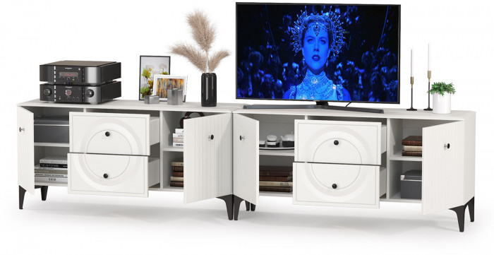 Валенсия Гостиная 16.45 Тумба под ТВ + 16.45 Тумба под ТВ, цвет ЛДСП белый шагрень/МДФ белый шагрень, ШхГхВ 266,2х38,3х63,7 см.