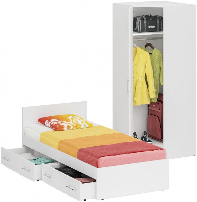 Кровать с ящиками 0900 + Шкаф угловой Стандарт, цвет белый, ШхГхВ 93,5х203,5х70 + 81,2х81,2х200 см., сп.м. 900х2000 мм., без матраса, основание есть