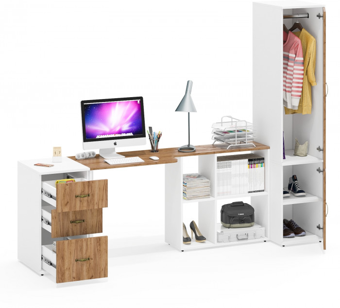 Лидер-8 Стол + Тумба МД 3.16 + Пенал МД 23Б, белый шагрень/крафт золото