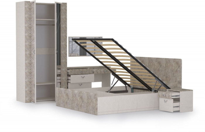 Амели Спальня № 8 Комод 13.106 + Стол туалетный + Зеркало + Шкаф 13.133 + Кровать 11.31 + под. ортопед + Тумбочка, 1600х2000 мм, б/м