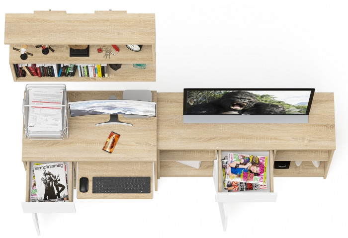 Мори Стол компьютерный МС-1 левый + Тумба МТВ1204.1 + Полка 900, цвет дуб сонома/белый, ШхГхВ 210,4х50х209,6 см., НЕ универсальная сборка