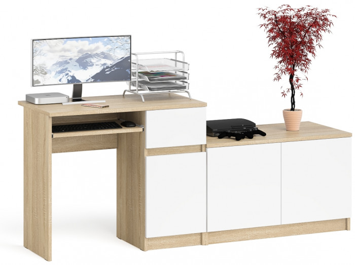 Мори Стол компьютерный МС-1 правый + Тумба МА900.1, цвет дуб сонома/белый, ШхГхВ 180,4х50,4х76,6 см., выдвижной ящик справа, НЕ универсальная сборка