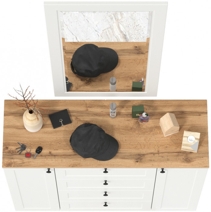 Остин 16.221 Комод + 17.03 Зеркало, цвет белый шагрень/дуб крафт золотой, ШхГхВ 120х41,9х229,6 см.