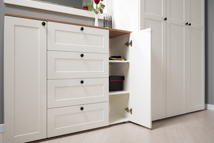 Остин 16.221 Комод + 17.03 Зеркало, цвет белый шагрень/дуб крафт золотой, ШхГхВ 120х41,9х229,6 см.