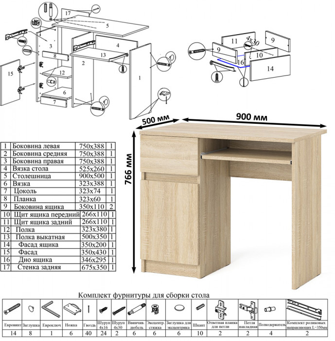 Мори компьютерный стол МС-1 левый + Шкаф МШ900.1 + Полка 900, дуб сонома