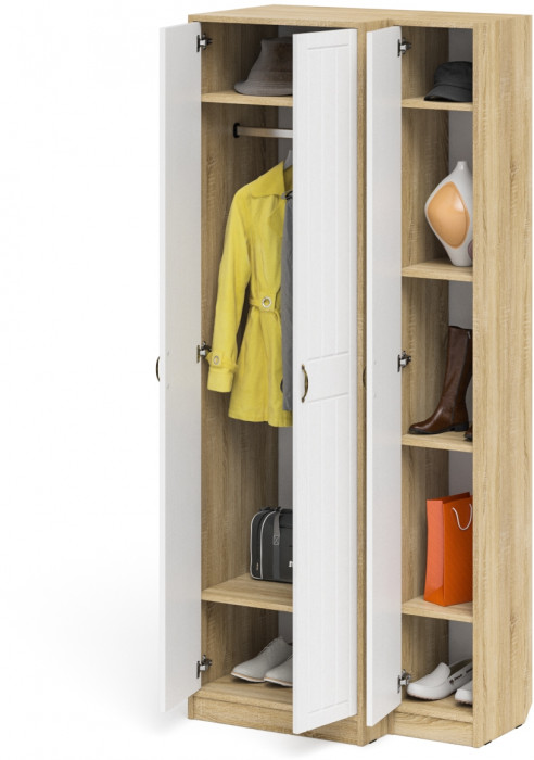 Прихожая П-6 Шкаф + Пенал, цвет дуб сонома/фасады МДФ белое дерево фрезеровка прованс, ШхГхВ 90х50х210 см., универсальная сборка