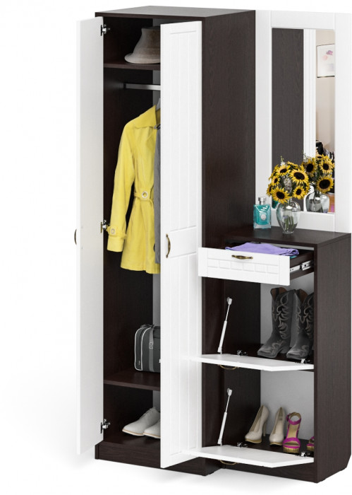 Прихожая П-6 Компоновка № 17, венге/фасады МДФ белое дерево фрезеровка прованс