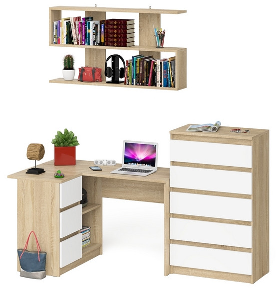 Мори компьютерный стол МС-16 левый + Комод МК700.5 + Полка 1200, дуб сонома/белый