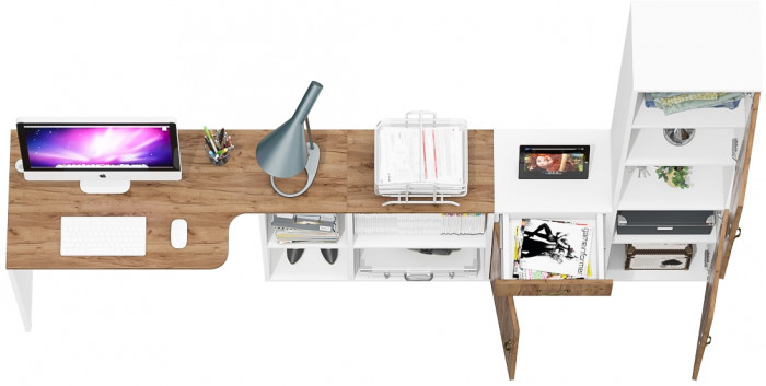 Лидер-8 Стол + Тумба МД 3.15 + Пенал, белый шагрень/крафт золото