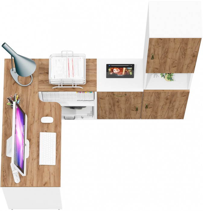 Лидер-8 Стол + Тумба МД 3.15 + Пенал, белый шагрень/крафт золото