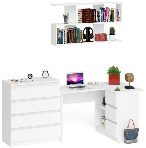 Мори компьютерный стол МС-16 правый + Комод МК800.4 + Полка 1200, белый