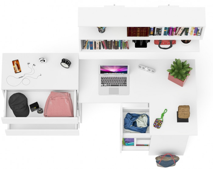 Мори компьютерный стол МС-16 правый + Комод МК800.4 + Полка 1200, белый