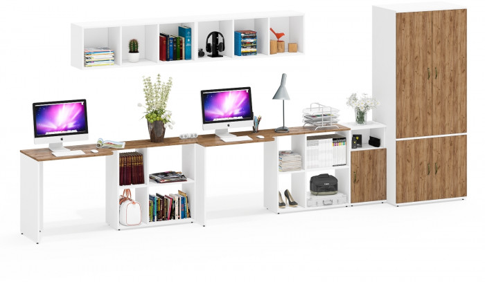 Лидер-8 Стол + Полка + Стол + Полка + Шкаф МД 19Б + Тумба МД 3.19, цвет белый шагрень/крафт золото, 450х50х75/190 или 230х200/50х75/190, НЕ ун. сб.