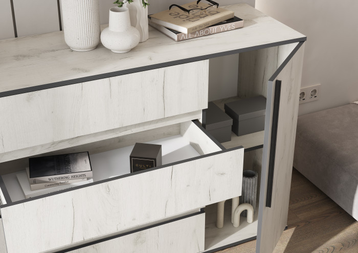 Норд Комод 2 двери 4 ящика (1600), Дуб Крафт Белый