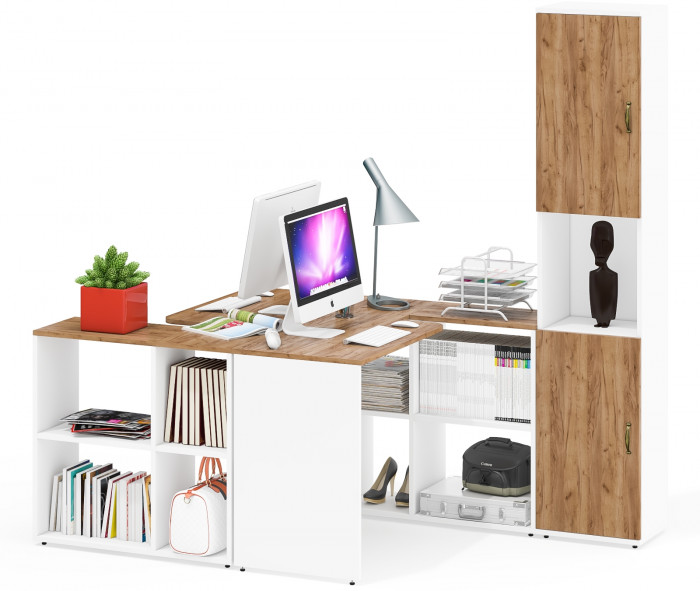 Лидер-8 Стол + Стол + Пенал, цвет белый шагрень/крафт золото, ШхГхВ 370х50/30х75/190 см. или 230х50/120х75/190 см., НЕ универсальная сборка