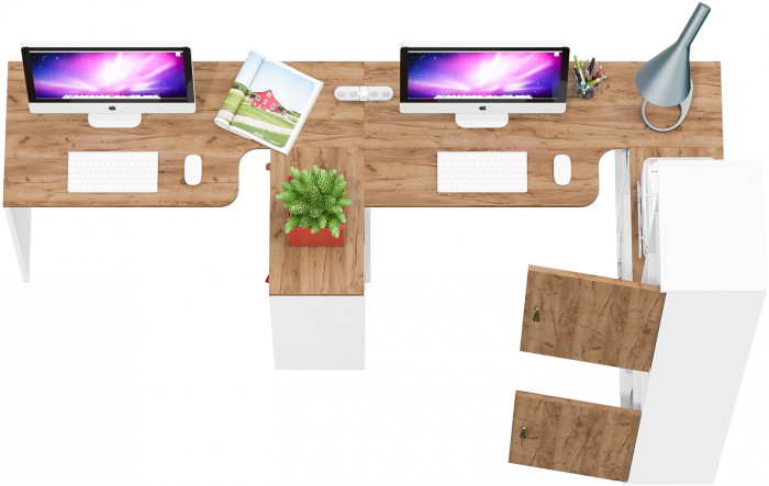 Лидер-8 Стол + Стол + Пенал, цвет белый шагрень/крафт золото, ШхГхВ 370х50/30х75/190 см. или 230х50/120х75/190 см., НЕ универсальная сборка