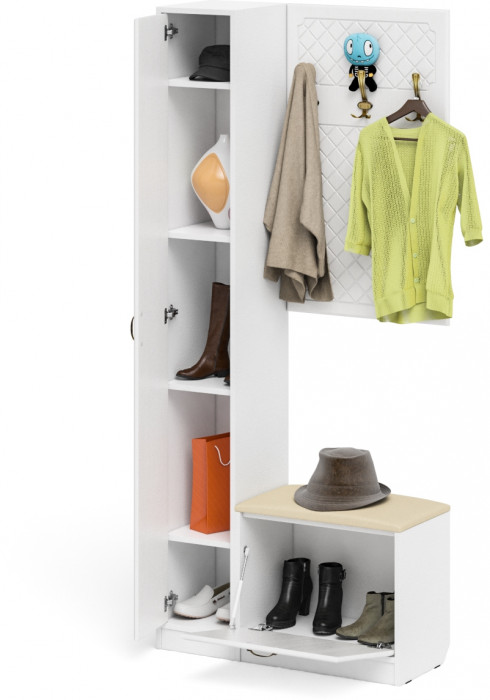 Прихожая П-6 Компоновка № 21, цвет белая шагрень/фасады МДФ белое дерево фрезеровка ромб, ШхГхВ 90х35х210 см., универсальная сборка