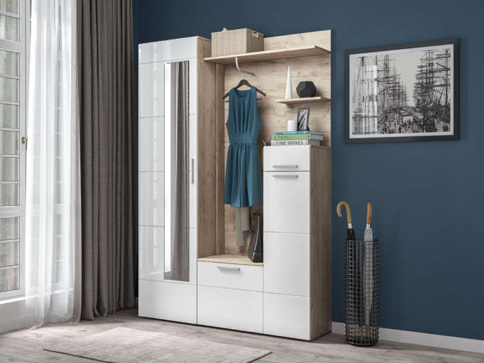 Лайн 10.16 Шкаф многоцелевого назначения, дуб крафт серый/фасады МДФ белый глянец