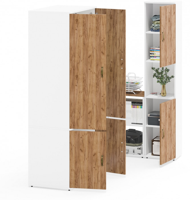 Лидер-8 Шкаф МД 19Б + Стол + Пенал, цвет белый шагрень/крафт золото, ШхГхВ 285х50/37,5х75/190 или 195х120х75/190 см., НЕ универсальная сборка