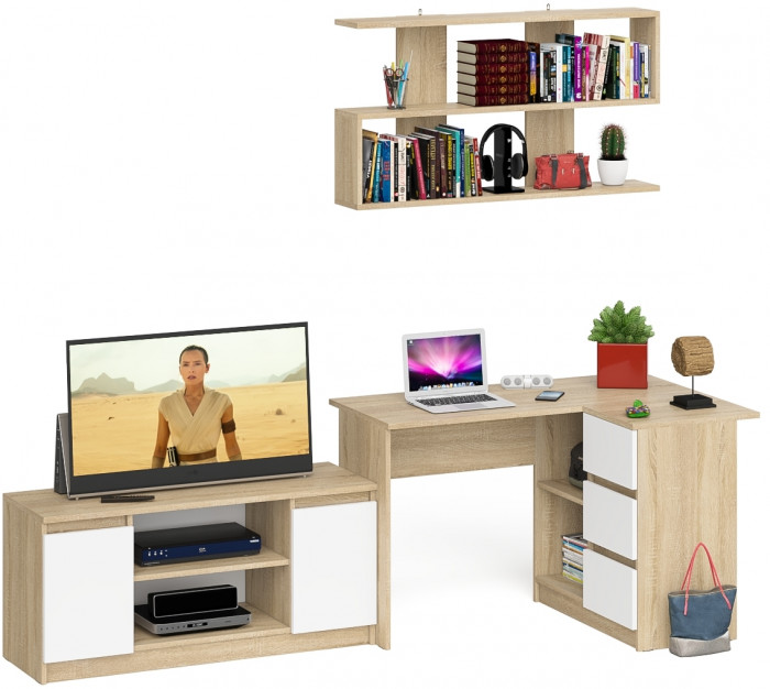 Мори компьютерный стол МС-16 правый + Тумба МТВ1200.1 + Полка 1200, дуб сонома/белый