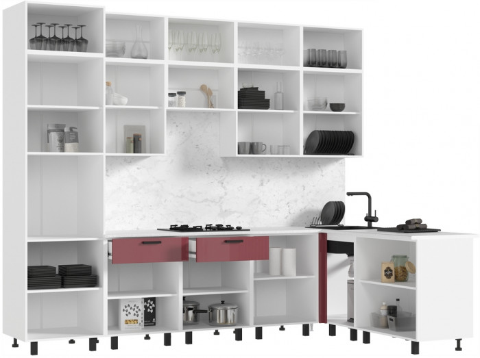 Кухня Техно 3,0х1,8/1080м Компоновка №6, Белый/Марсала глянец