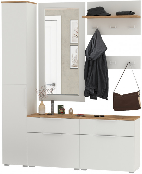 Октава Прихожая 44, белый шагрень/дуб крафт золотой/фасады МДФ белый шагрень