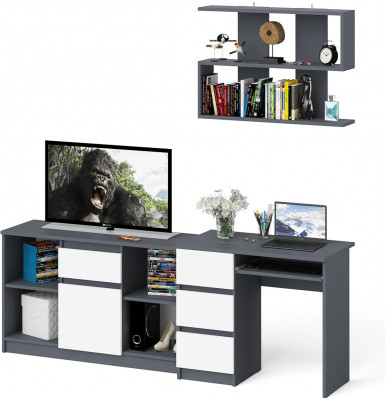 Мори компьютерный стол МС-6 левый + Тумба МТВ1204.1 + Полка 900, графит/белый