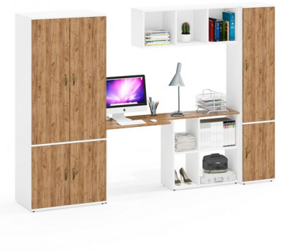 Лидер-8 Шкаф МД 19Б + Стол + Полка + Пенал 21Б, цвет белый шагрень/крафт золото, ШхГхВ 285х50/37,5х75/190 или 195х120х75/190 см., НЕ ун.сб.