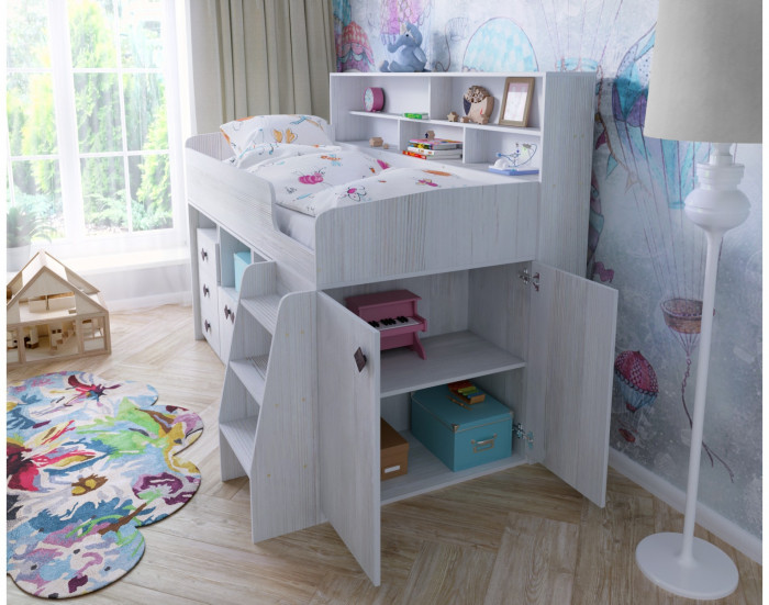 Кровать-чердак Малыш 5 (Белое дерево/Венге)