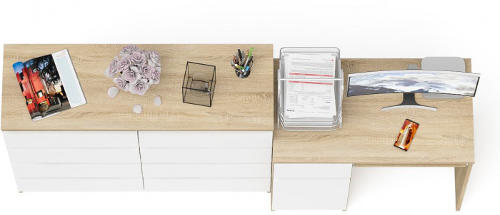 Мори Стол компьютерный МС-1 левый + Комод МК1200.8, цвет дуб сонома/белый, ШхГхВ 210,4х50х94 см., выдвижной ящик слева, НЕ универсальная сборка