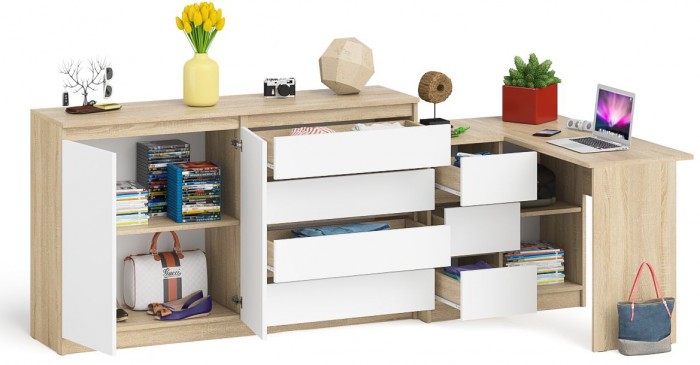 Мори Стол компьютерный МС-16 левый + Комод МК1600.1, цвет дуб сонома/белый, ШхГхВ 284,8х84,9х94 см., выдвижные ящики слев, НЕ универсальная сборкаа
