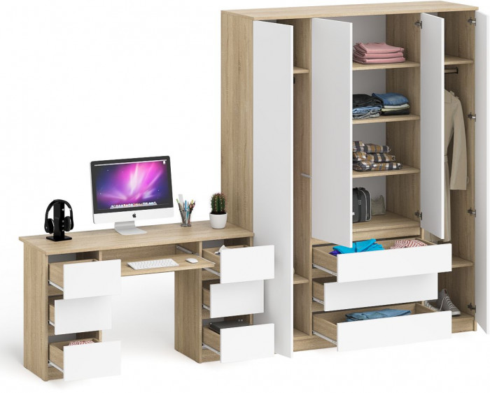 Мори Стол компьютерный МС-2 + Шкаф МШ1600.1, цвет дуб сонома/белый, ШхГхВ 295,8х50,4х209,6 см., универсальная сборка