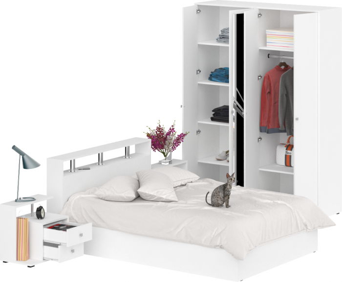 Камелия спальня № 1 Кровать 1400 + Две тумбы + Шкаф 4-х створчатый, белый