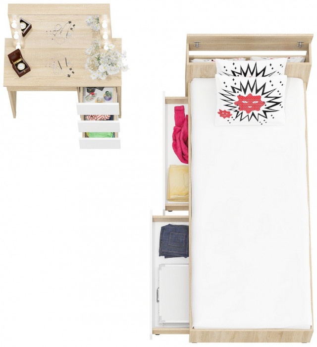 Ксения Кровать с ящиками 0900 + Стол косметический с подсветкой Сура, дуб сонома/белый