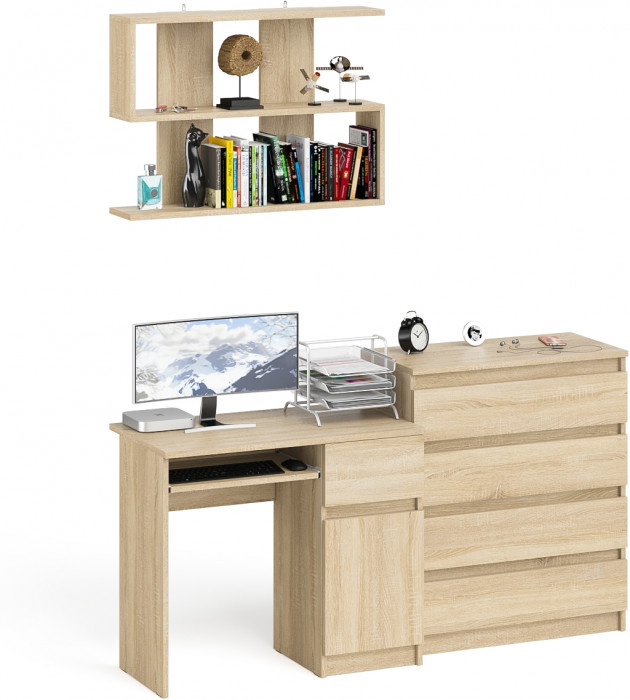 Мори компьютерный стол МС-1 правый + Комод МК800.4 + Полка 900, дуб сонома