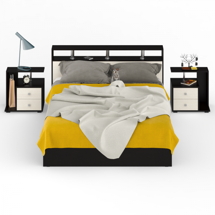 Камелия Кровать 1600 + две тумбы, цвет венге/дуб лоредо, ШхГхВ 276х217х78,2 см., сп.м. 1600х2000 мм., без матраса, основание есть