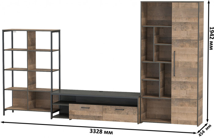 Трувор Гостиная 072, цвет дуб гранж песочный/интра, ШхГхВ 332,8х45,4х194,2 см., универсальная сборка