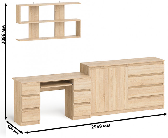 Мори компьютерный стол МС-2 + Комод МК1600.1 + Полка 1200, дуб сонома