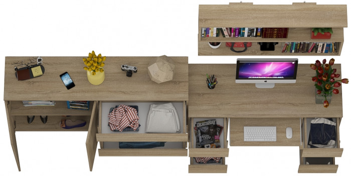 Мори компьютерный стол МС-2 + Комод МК1600.1 + Полка 1200, дуб сонома