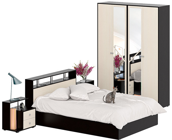 Камелия спальня № 1 Кровать 1400 + Две тумбы + Шкаф 4-х створчатый, венге/дуб лоредо