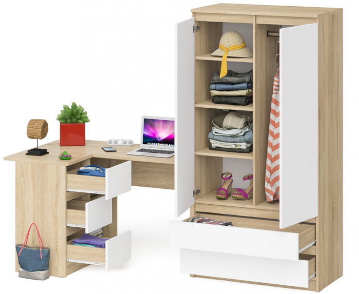 Мори компьютерный стол МС-16 левый + Шкаф МШ900.1, дуб сонома/белый