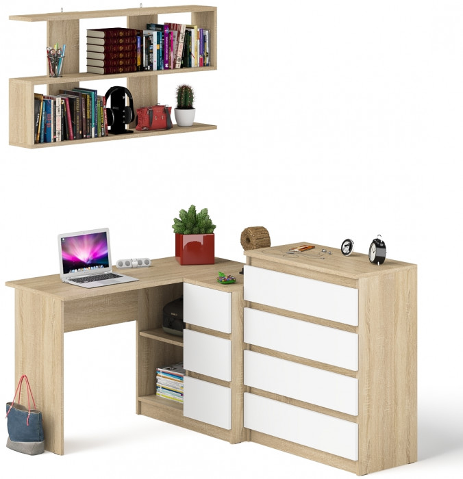 Мори компьютерный стол МС-16 правый + Комод МК800.4 + Полка 1200, дуб сонома/белый